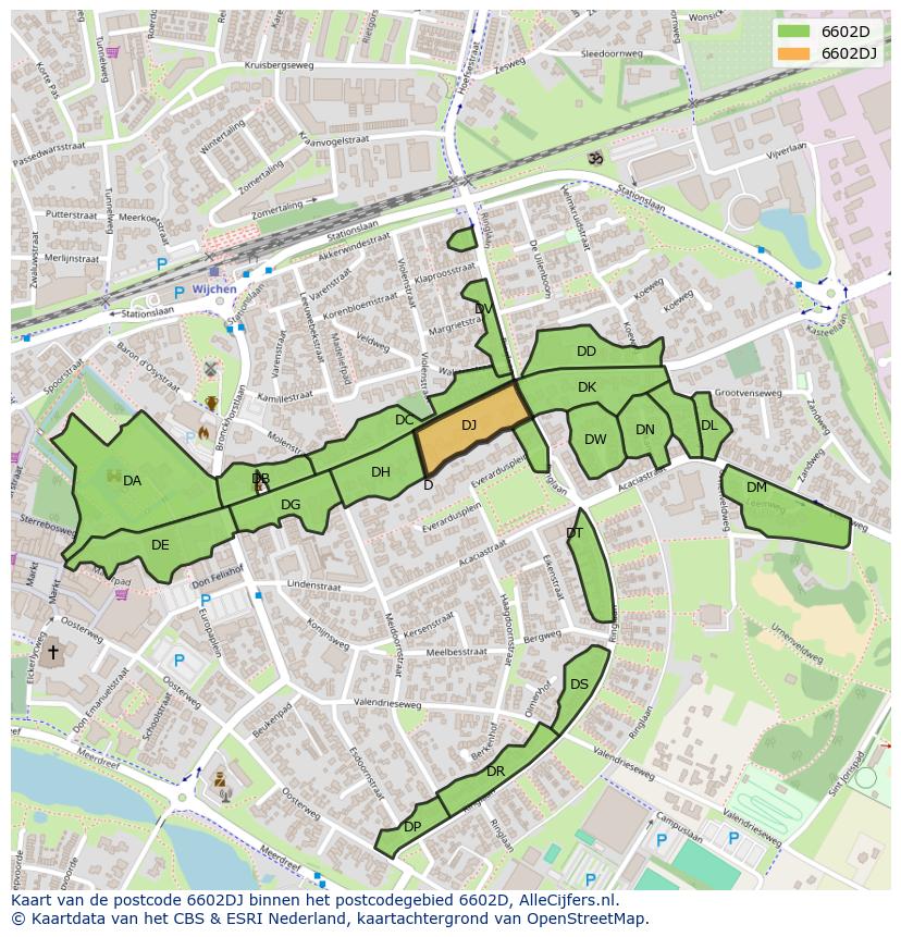 Afbeelding van het postcodegebied 6602 DJ op de kaart.