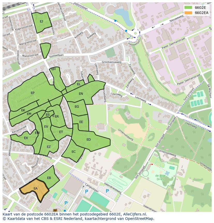 Afbeelding van het postcodegebied 6602 EA op de kaart.