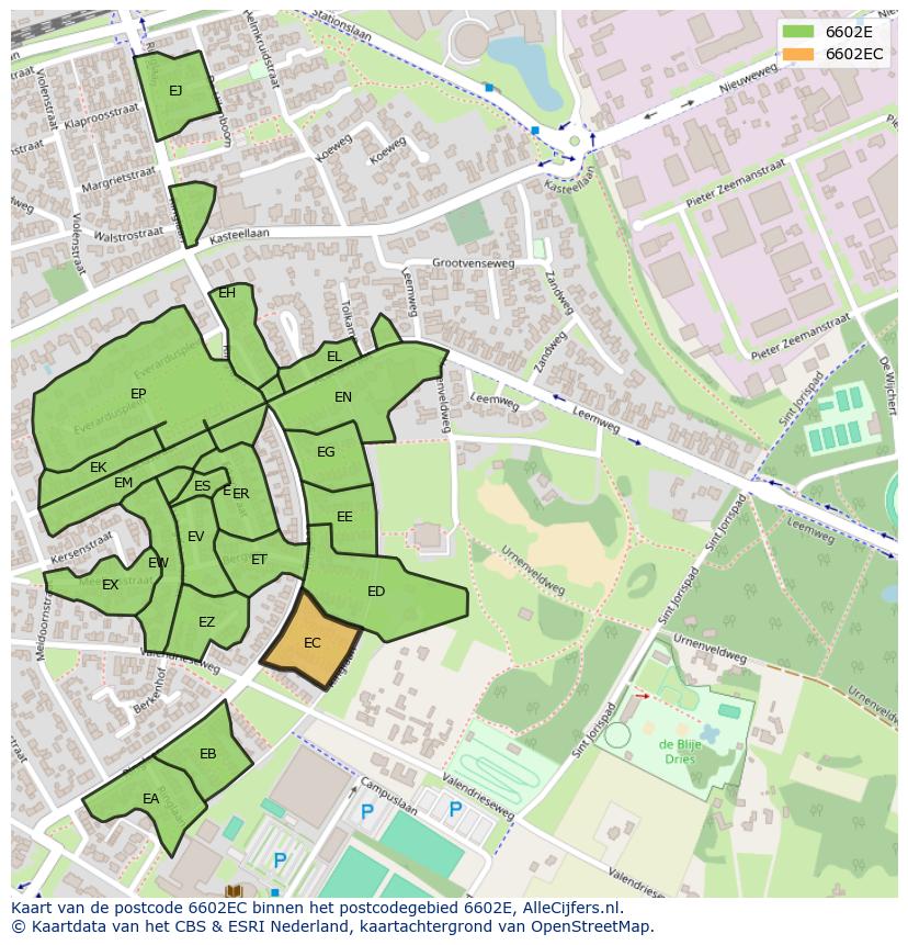 Afbeelding van het postcodegebied 6602 EC op de kaart.