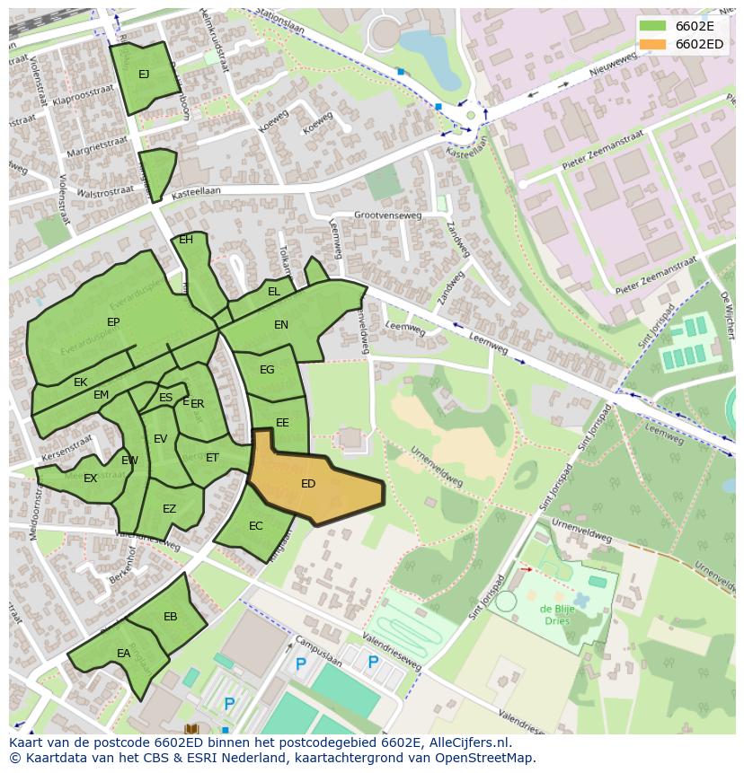 Afbeelding van het postcodegebied 6602 ED op de kaart.