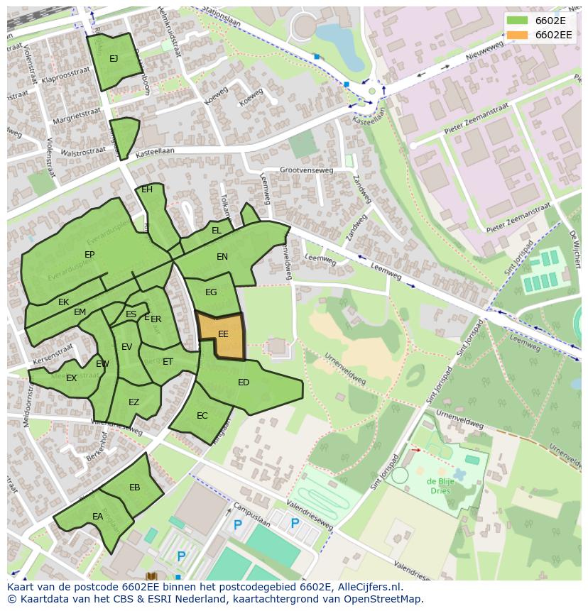 Afbeelding van het postcodegebied 6602 EE op de kaart.