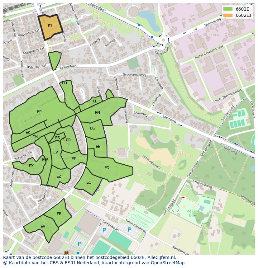 Afbeelding van het postcodegebied 6602 EJ op de kaart.