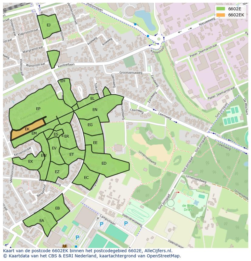Afbeelding van het postcodegebied 6602 EK op de kaart.