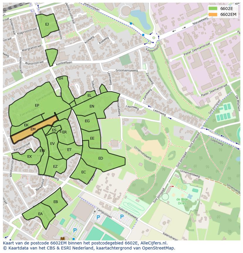 Afbeelding van het postcodegebied 6602 EM op de kaart.
