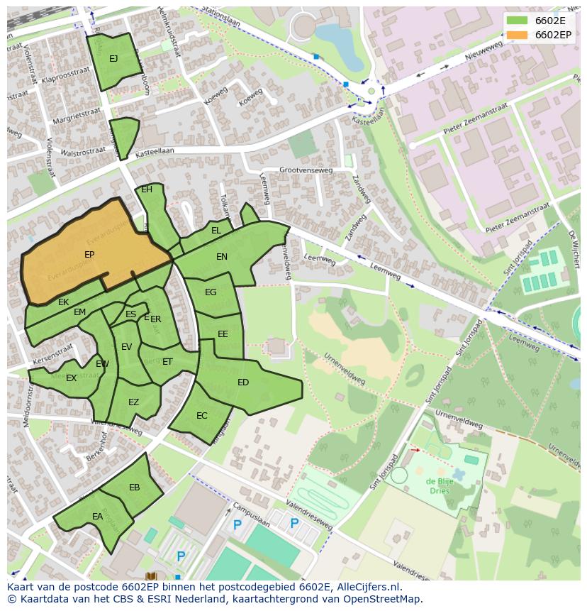 Afbeelding van het postcodegebied 6602 EP op de kaart.