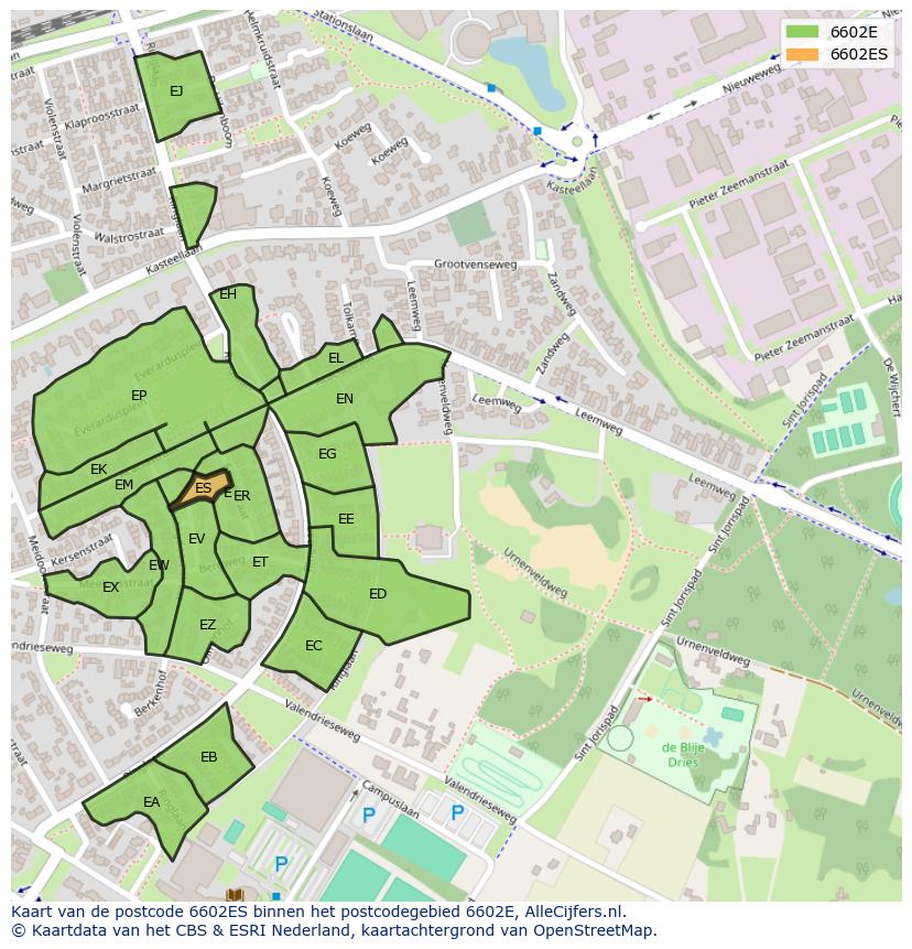 Afbeelding van het postcodegebied 6602 ES op de kaart.