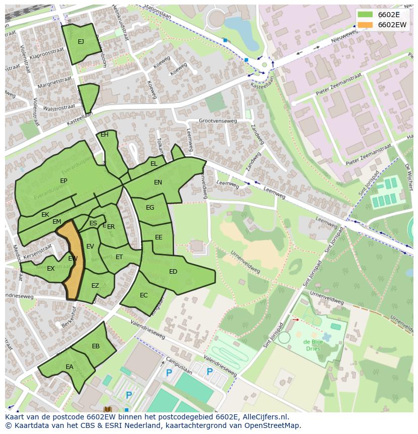 Afbeelding van het postcodegebied 6602 EW op de kaart.