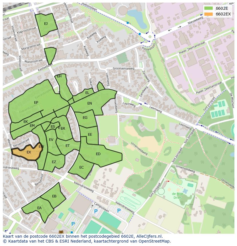 Afbeelding van het postcodegebied 6602 EX op de kaart.