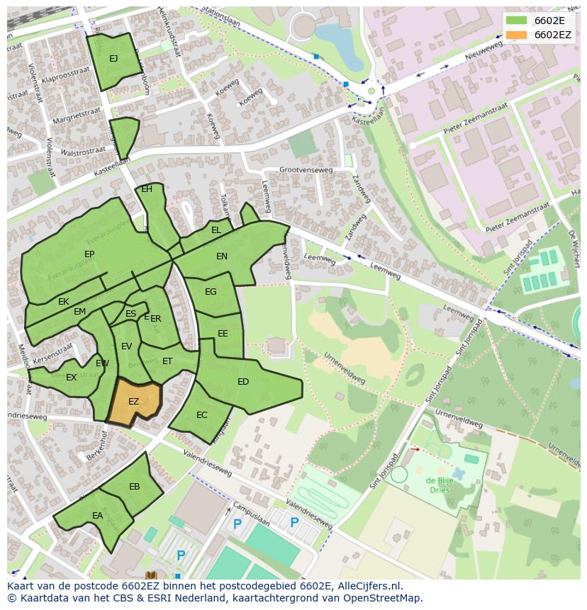 Afbeelding van het postcodegebied 6602 EZ op de kaart.