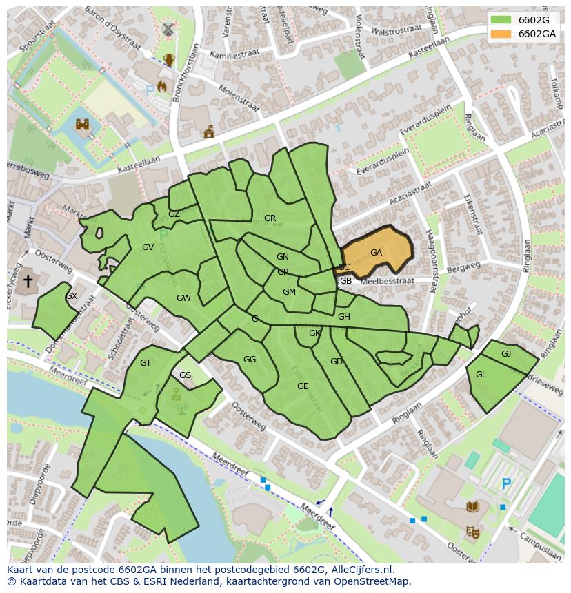 Afbeelding van het postcodegebied 6602 GA op de kaart.