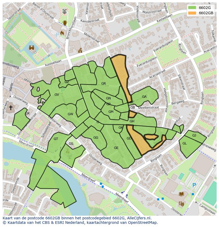 Afbeelding van het postcodegebied 6602 GB op de kaart.