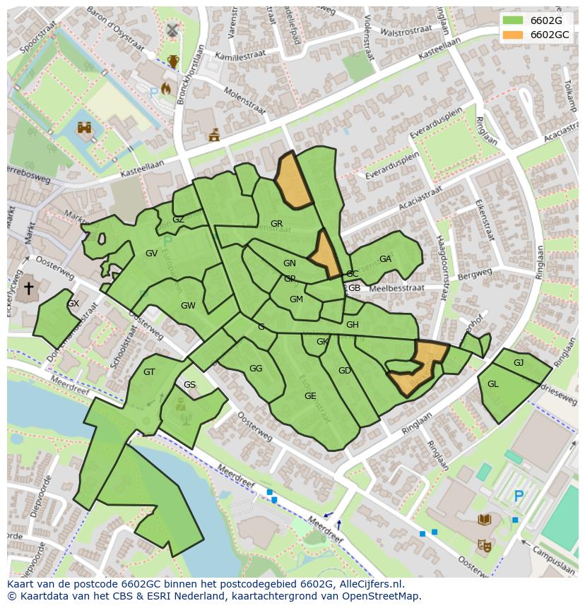 Afbeelding van het postcodegebied 6602 GC op de kaart.