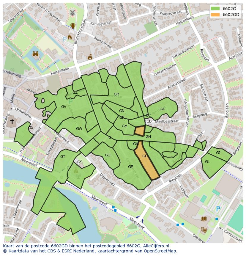 Afbeelding van het postcodegebied 6602 GD op de kaart.