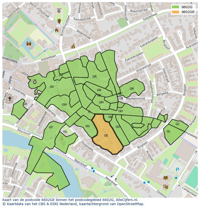 Afbeelding van het postcodegebied 6602 GE op de kaart.