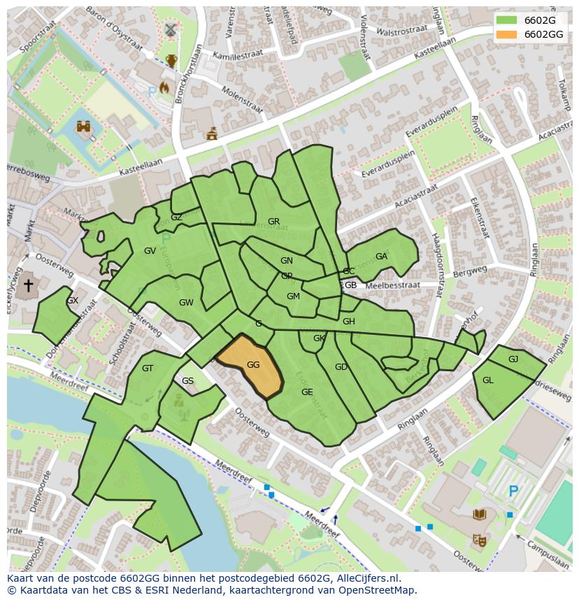 Afbeelding van het postcodegebied 6602 GG op de kaart.