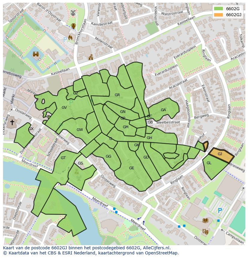 Afbeelding van het postcodegebied 6602 GJ op de kaart.