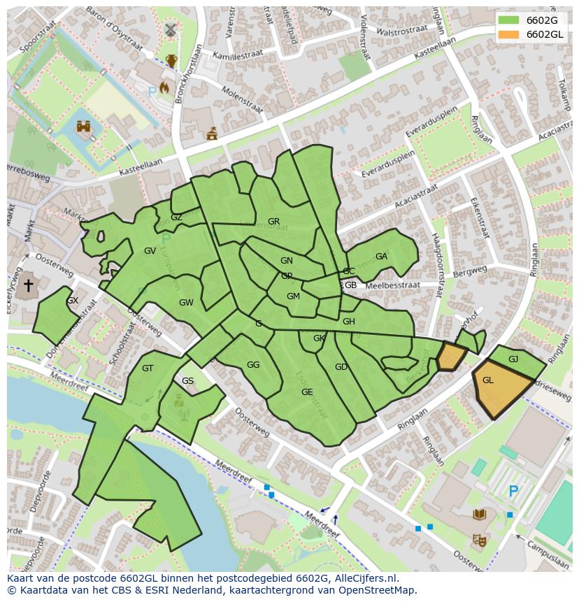 Afbeelding van het postcodegebied 6602 GL op de kaart.