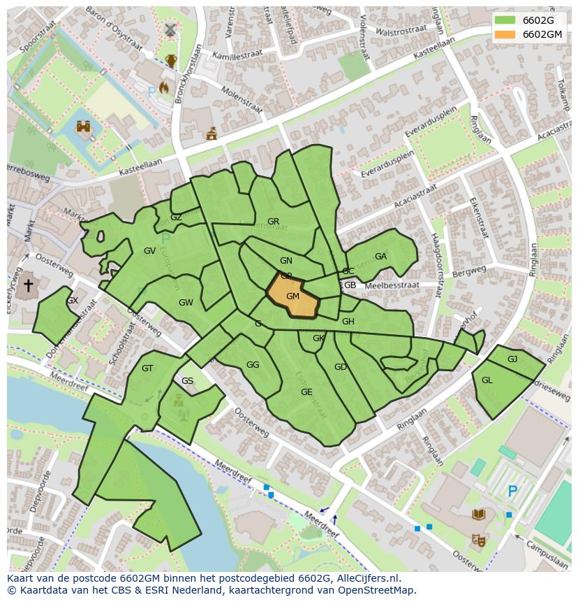 Afbeelding van het postcodegebied 6602 GM op de kaart.