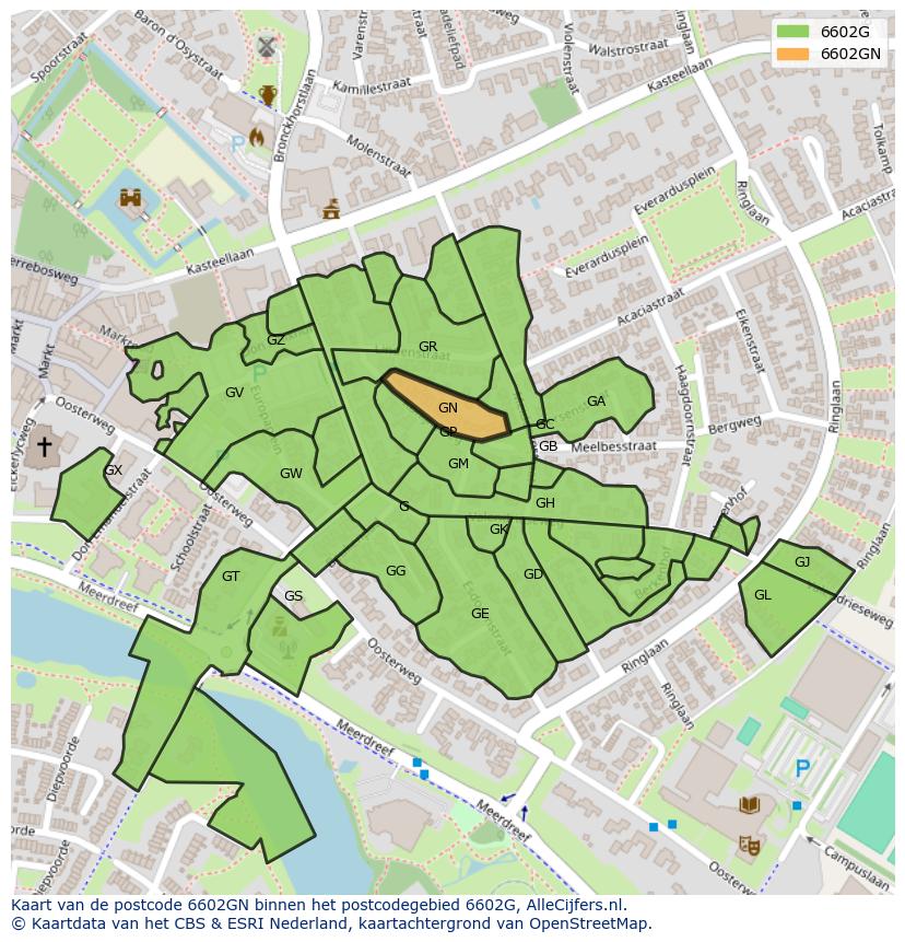 Afbeelding van het postcodegebied 6602 GN op de kaart.