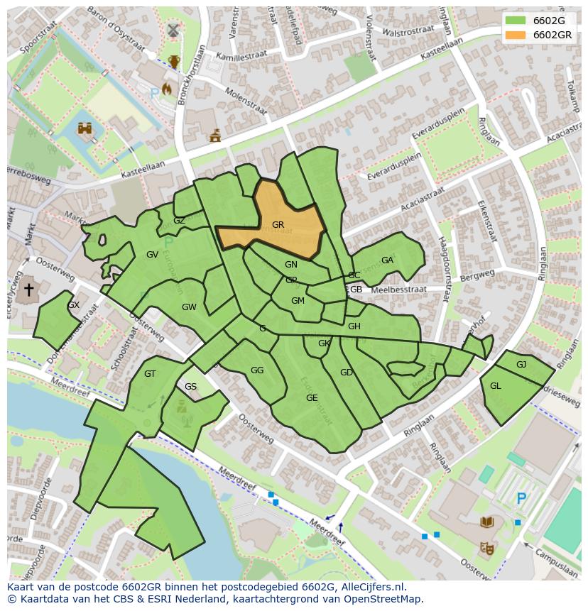 Afbeelding van het postcodegebied 6602 GR op de kaart.