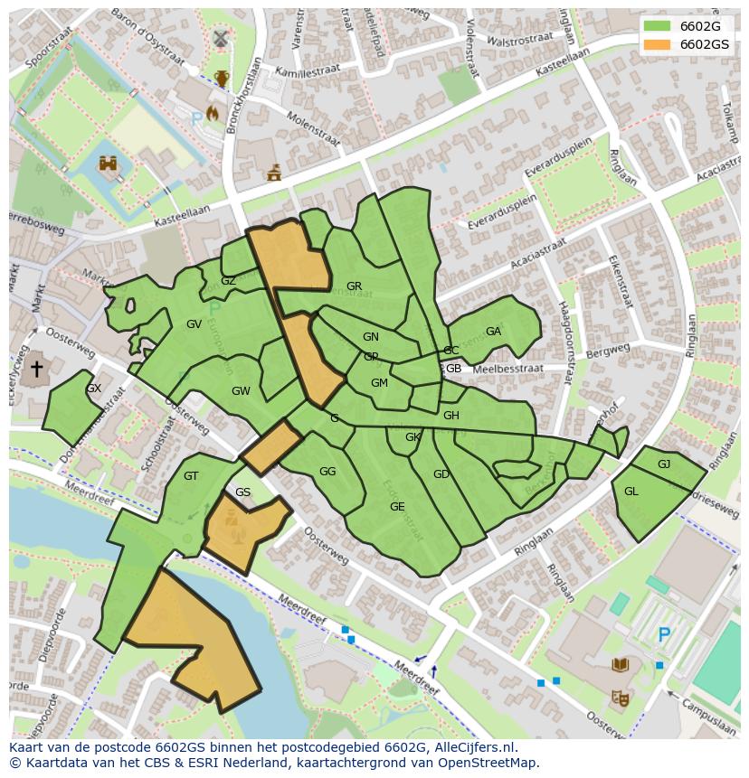 Afbeelding van het postcodegebied 6602 GS op de kaart.