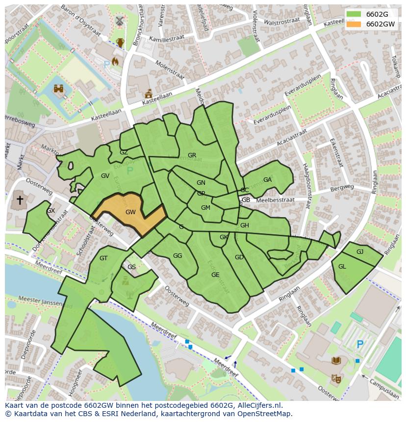 Afbeelding van het postcodegebied 6602 GW op de kaart.