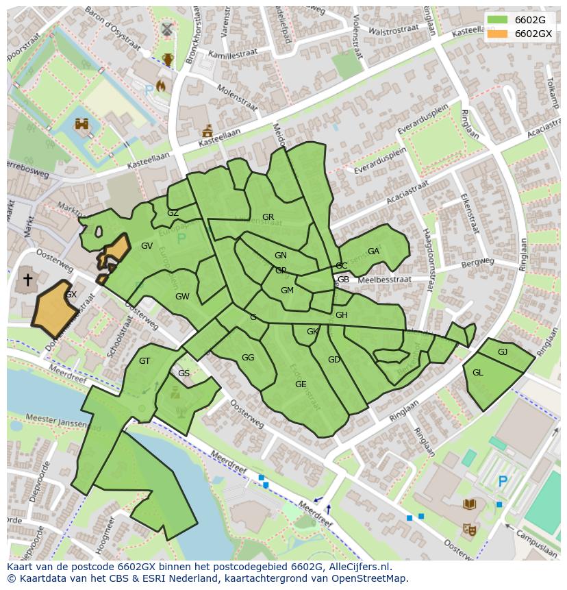Afbeelding van het postcodegebied 6602 GX op de kaart.