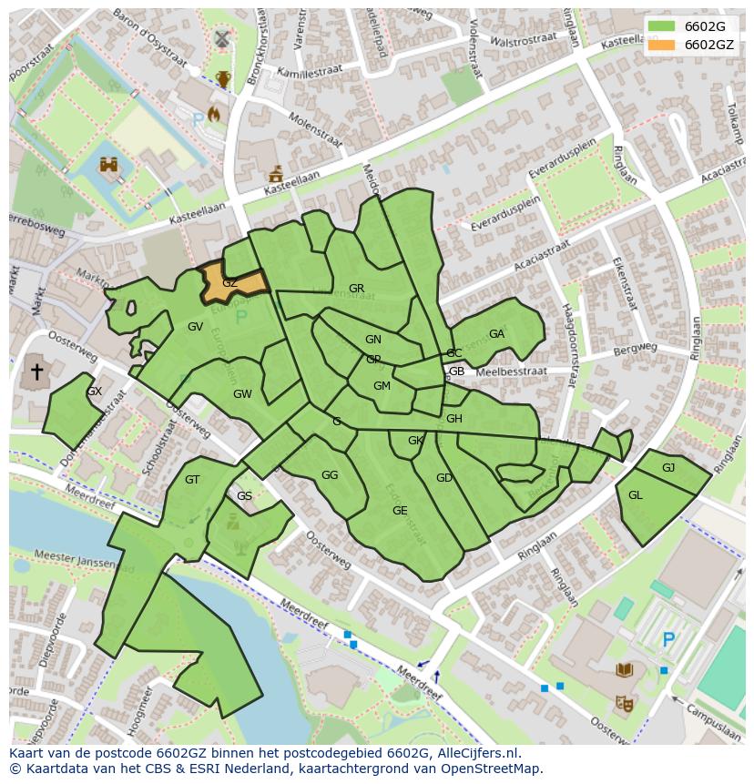 Afbeelding van het postcodegebied 6602 GZ op de kaart.
