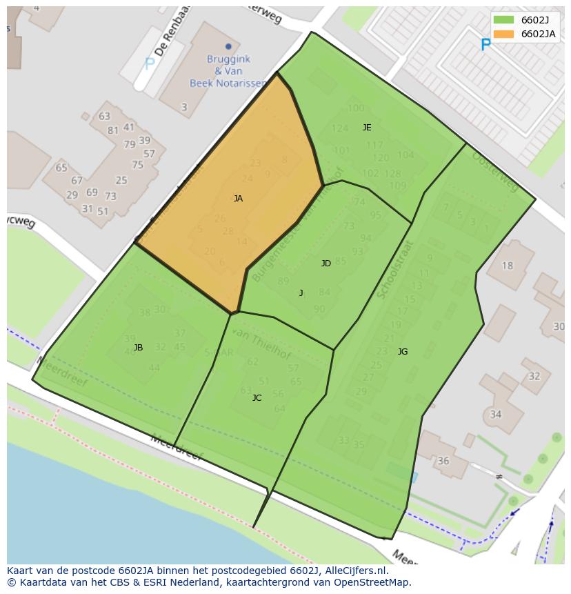 Afbeelding van het postcodegebied 6602 JA op de kaart.