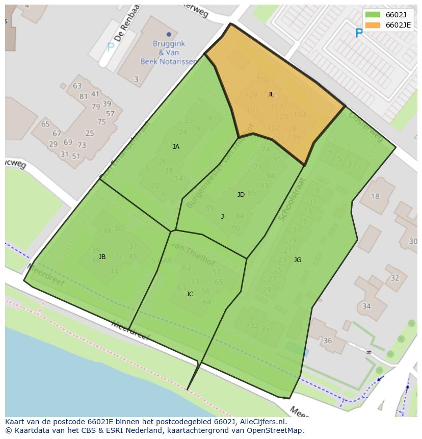 Afbeelding van het postcodegebied 6602 JE op de kaart.