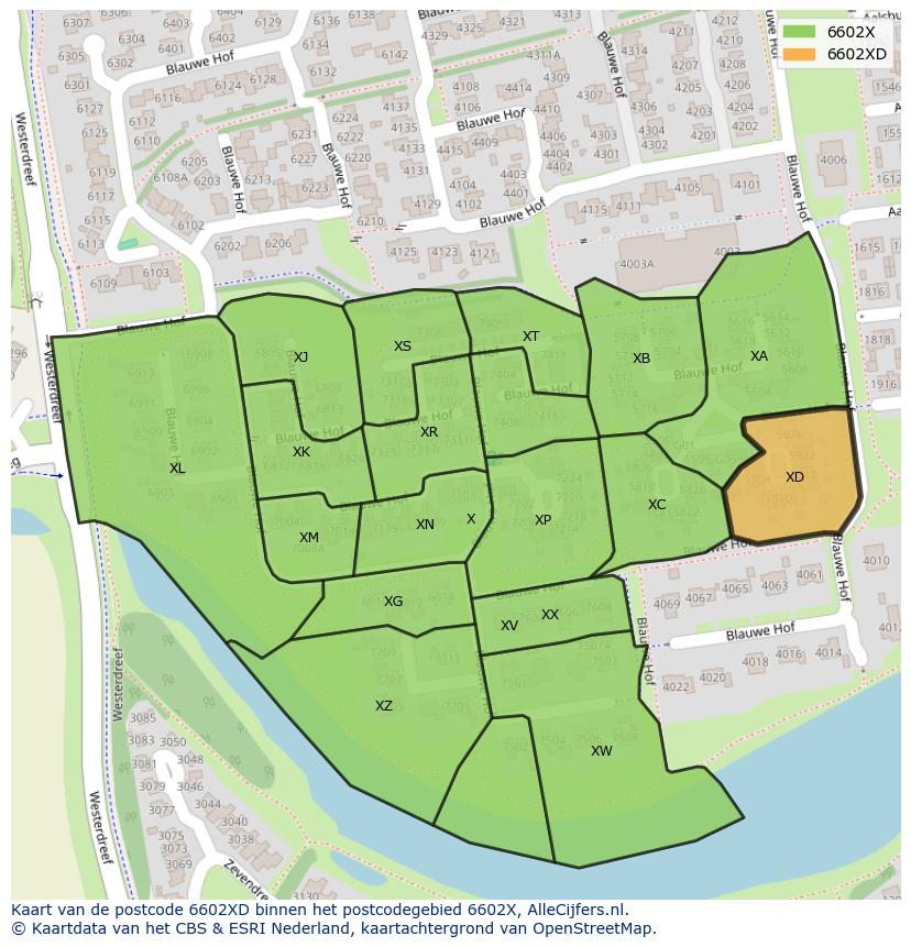 Afbeelding van het postcodegebied 6602 XD op de kaart.