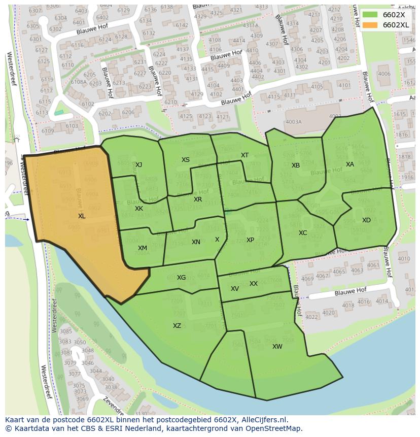 Afbeelding van het postcodegebied 6602 XL op de kaart.