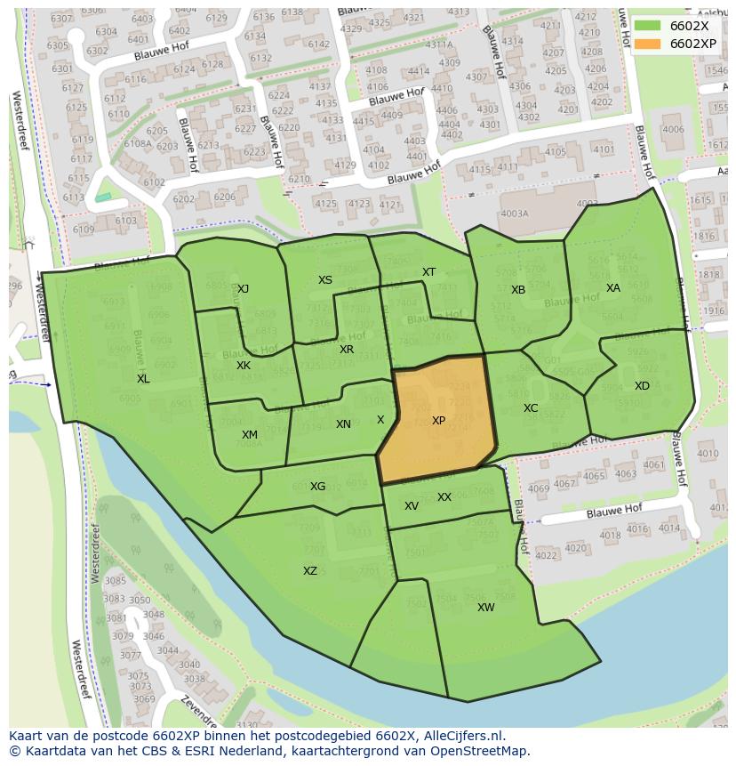 Afbeelding van het postcodegebied 6602 XP op de kaart.