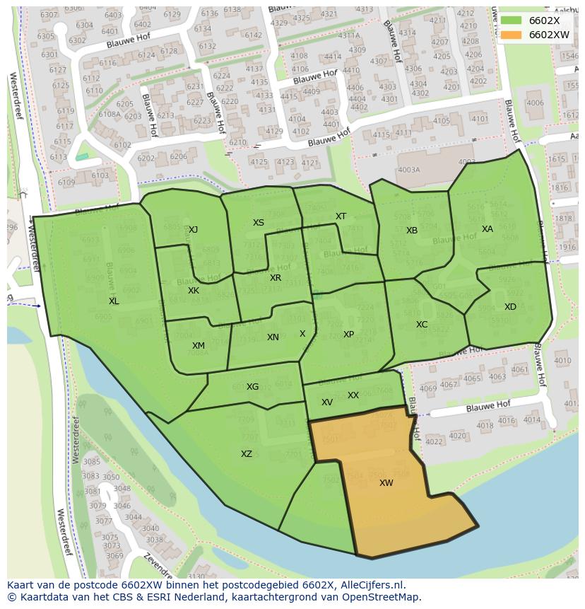 Afbeelding van het postcodegebied 6602 XW op de kaart.