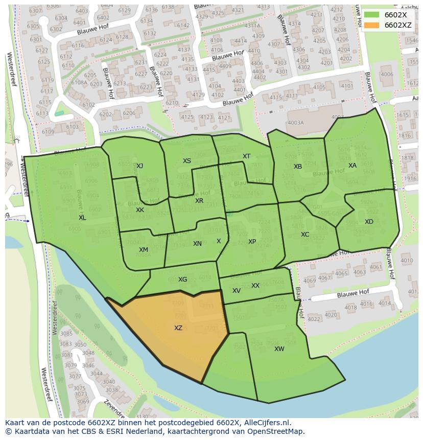 Afbeelding van het postcodegebied 6602 XZ op de kaart.