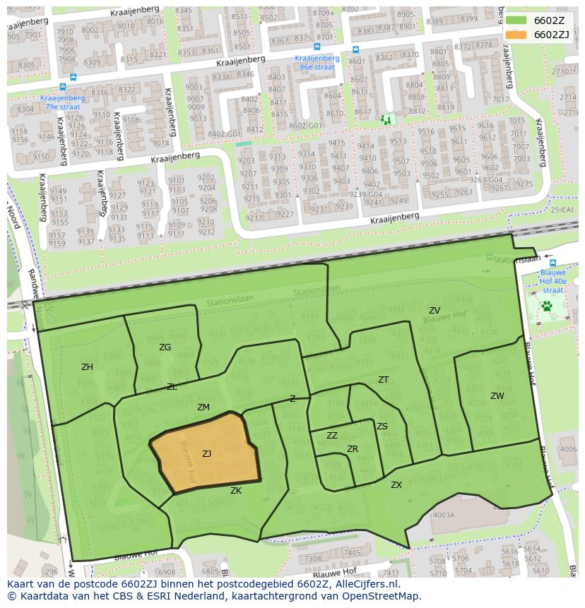 Afbeelding van het postcodegebied 6602 ZJ op de kaart.