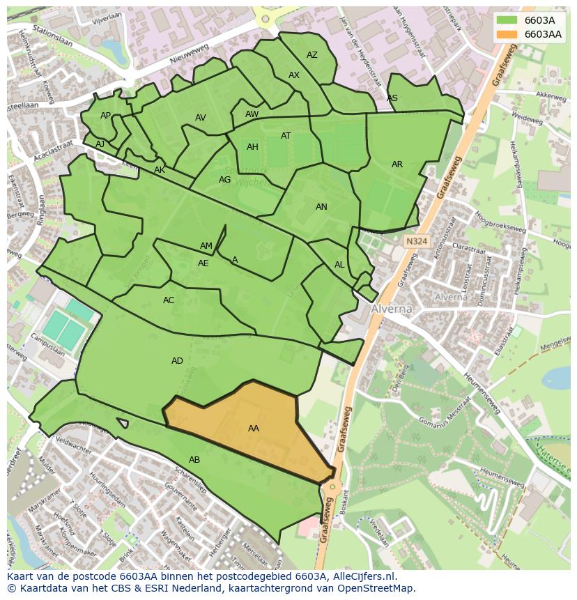 Afbeelding van het postcodegebied 6603 AA op de kaart.
