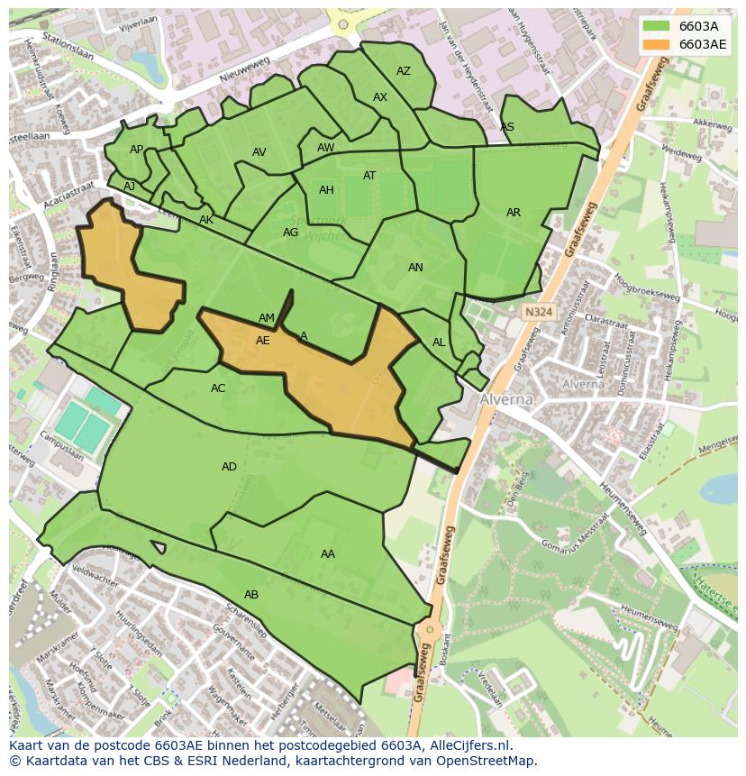 Afbeelding van het postcodegebied 6603 AE op de kaart.