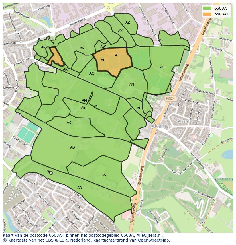 Afbeelding van het postcodegebied 6603 AH op de kaart.