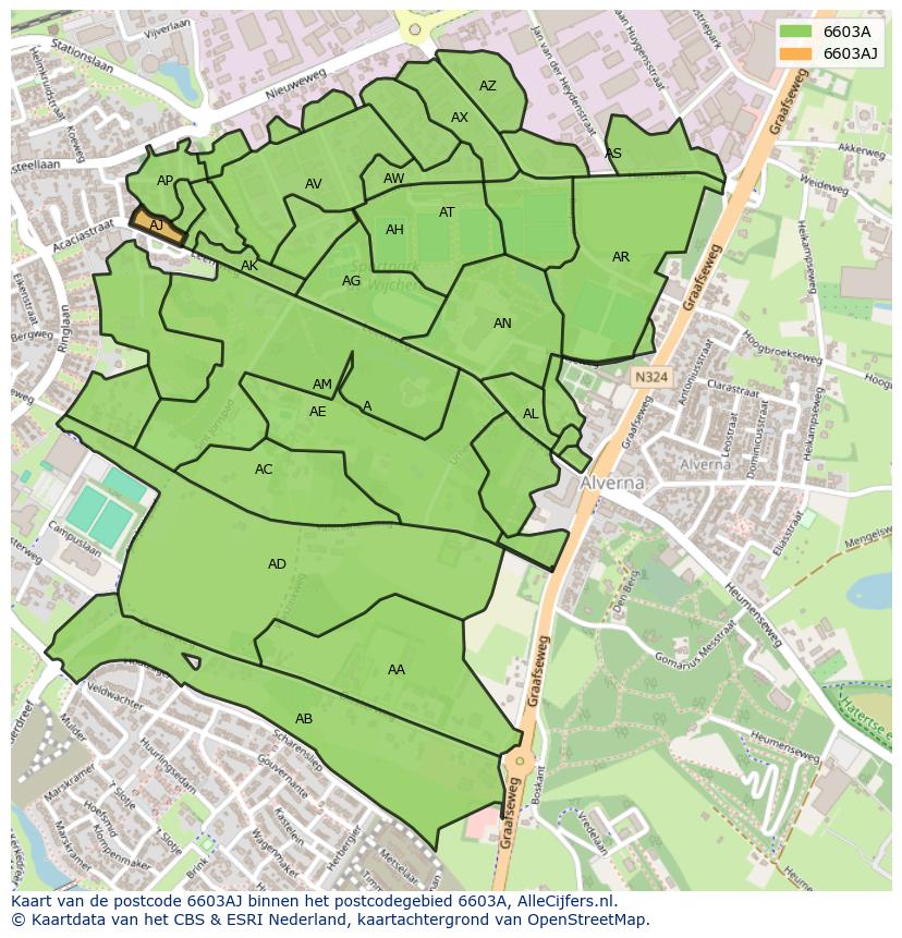 Afbeelding van het postcodegebied 6603 AJ op de kaart.