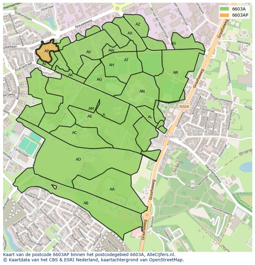 Afbeelding van het postcodegebied 6603 AP op de kaart.
