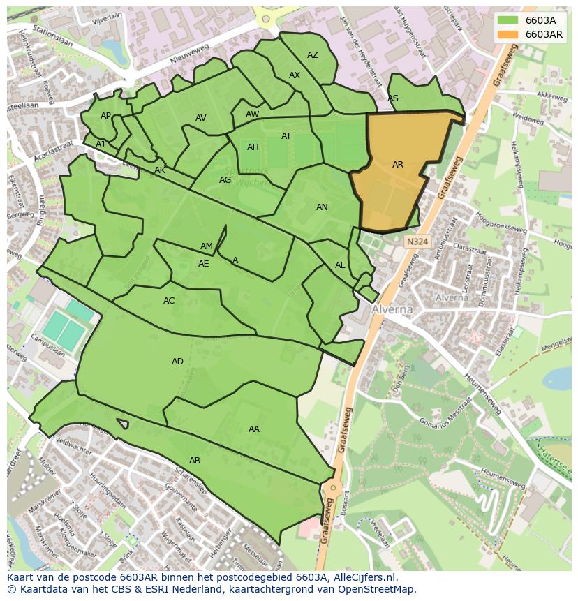Afbeelding van het postcodegebied 6603 AR op de kaart.
