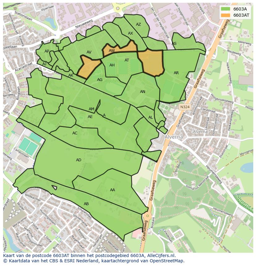 Afbeelding van het postcodegebied 6603 AT op de kaart.