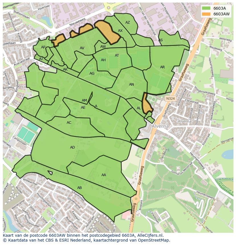 Afbeelding van het postcodegebied 6603 AW op de kaart.