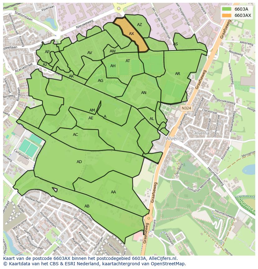 Afbeelding van het postcodegebied 6603 AX op de kaart.
