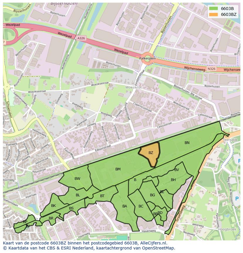 Afbeelding van het postcodegebied 6603 BZ op de kaart.