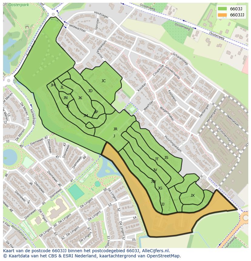 Afbeelding van het postcodegebied 6603 JJ op de kaart.