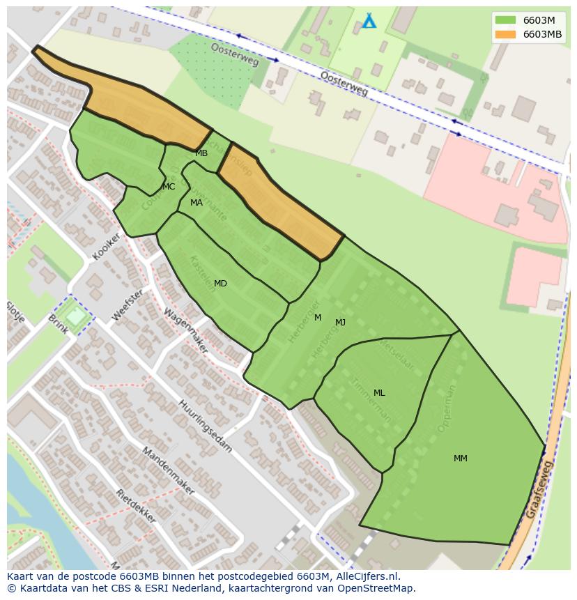 Afbeelding van het postcodegebied 6603 MB op de kaart.