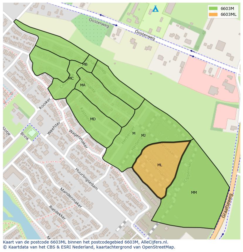 Afbeelding van het postcodegebied 6603 ML op de kaart.