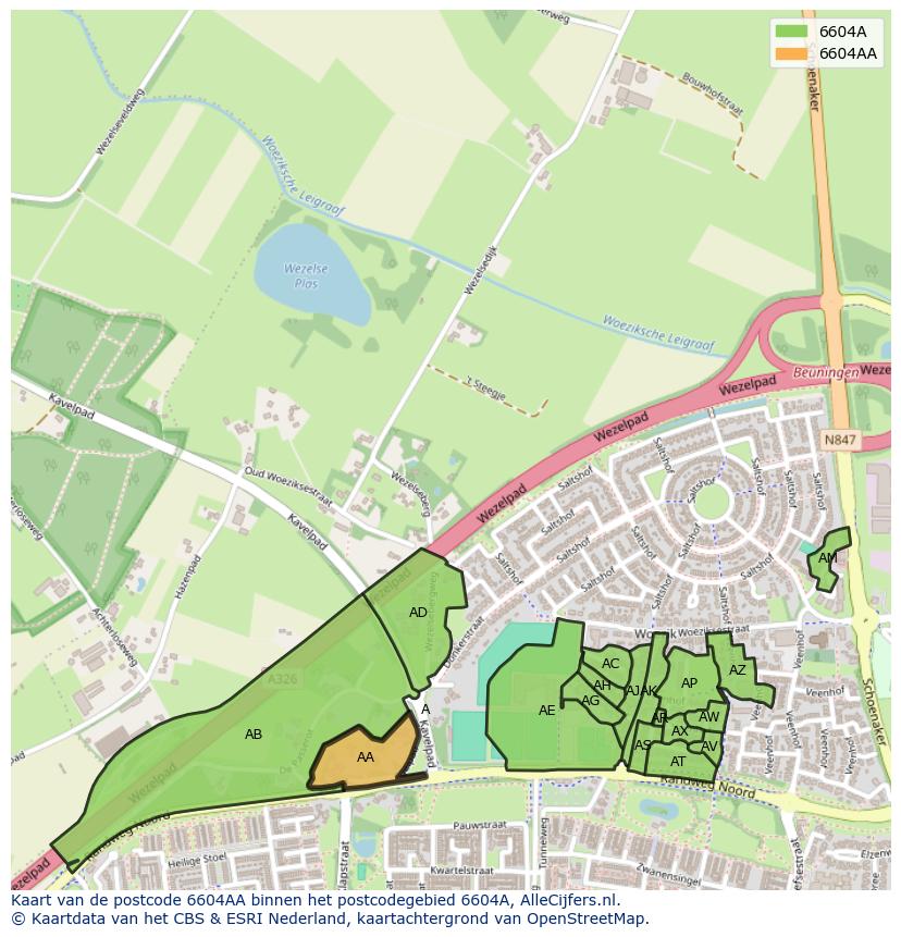 Afbeelding van het postcodegebied 6604 AA op de kaart.